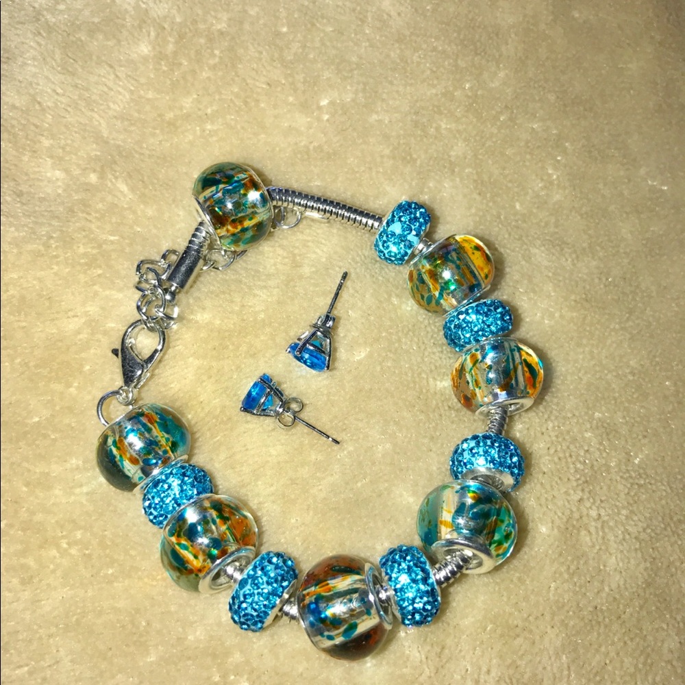Bracelet bangle teal blue murano silver NWOT